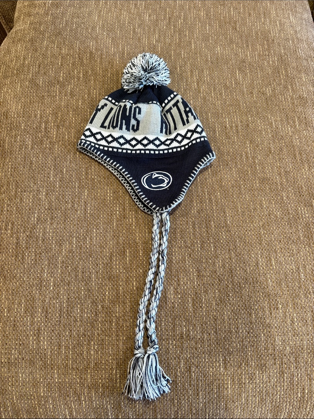Penn State Knit Earflap Pom Beanie in Navy and White